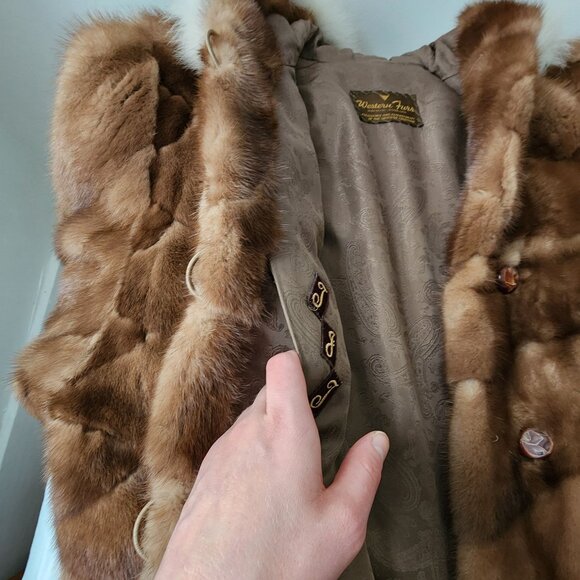 Western Furs Canadian Genuine Mink Fur Coat Stroller Fox Trim Hood VTG Mob Wife - Picture 6 of 16